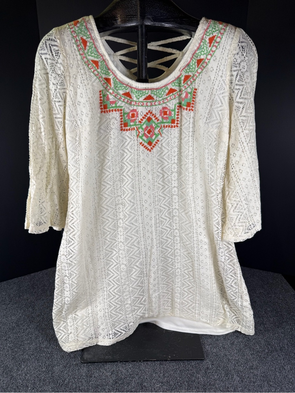 Red Camel Ivory Crochet Lace Geometric Embroidered Boho Tunic S